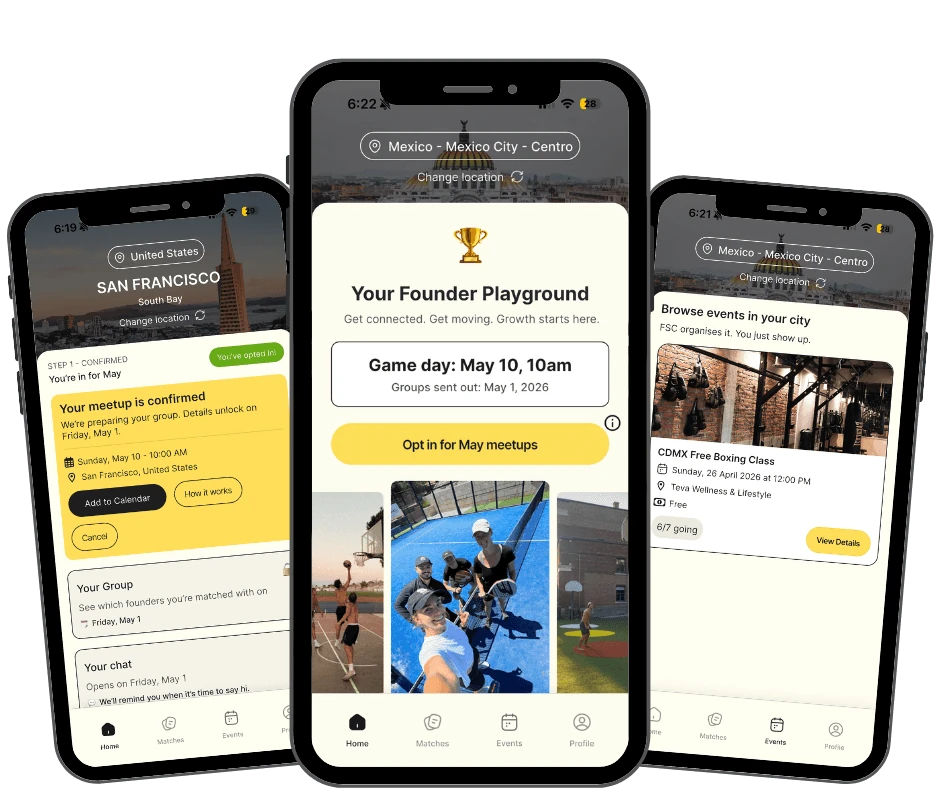 Founder Sports Club mobile app screens