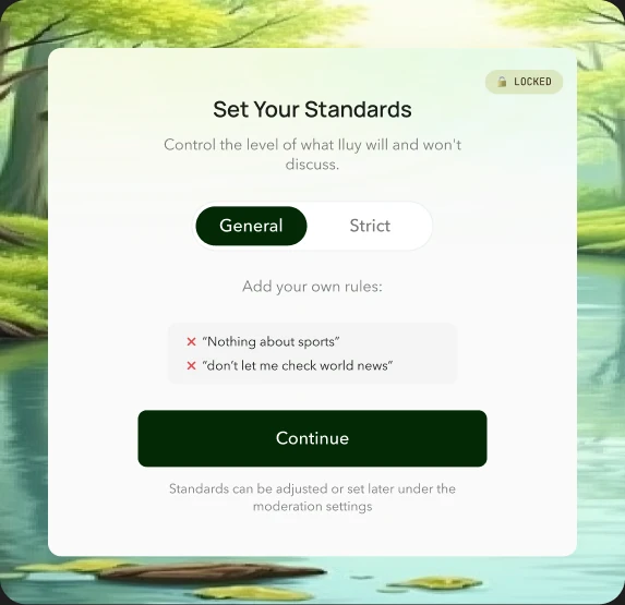 Iluy standards setup screen